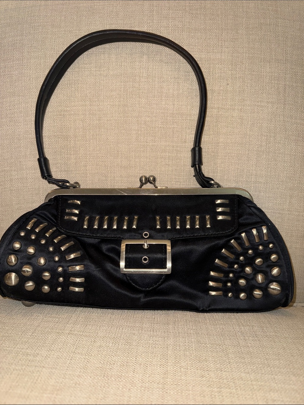 Black Studded Satin Clutch with Buckle Accent